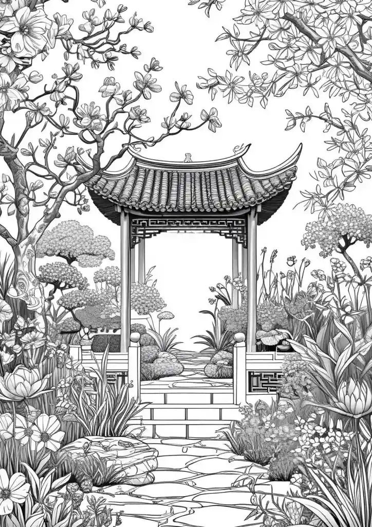 Chinese style colouring page for adults