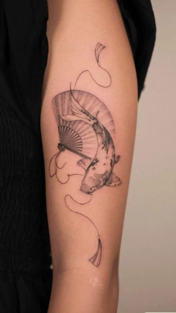 Elegant Koi fish tattoo with Asian fan