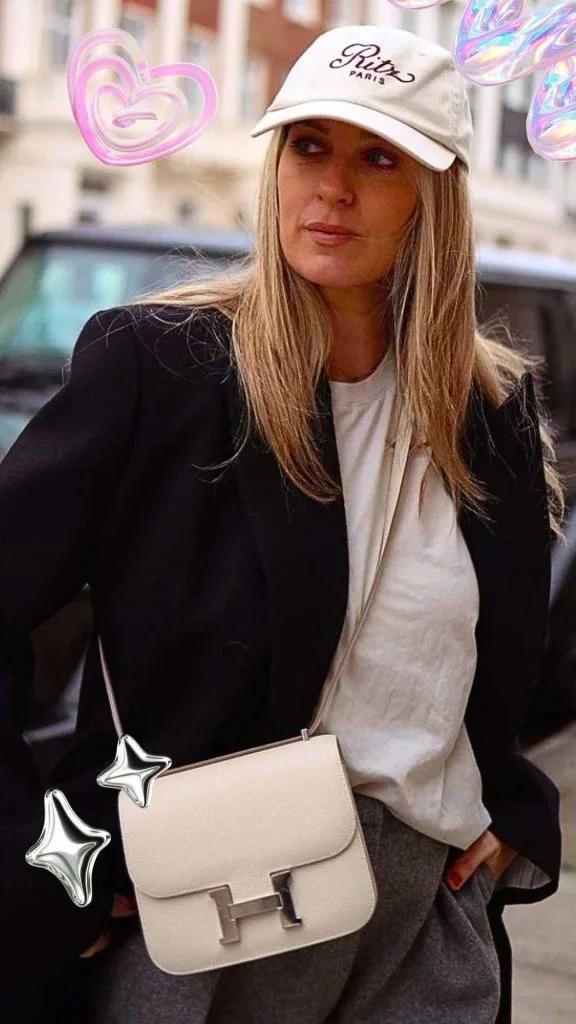 Hermes Constance bag outfit with baseball cap