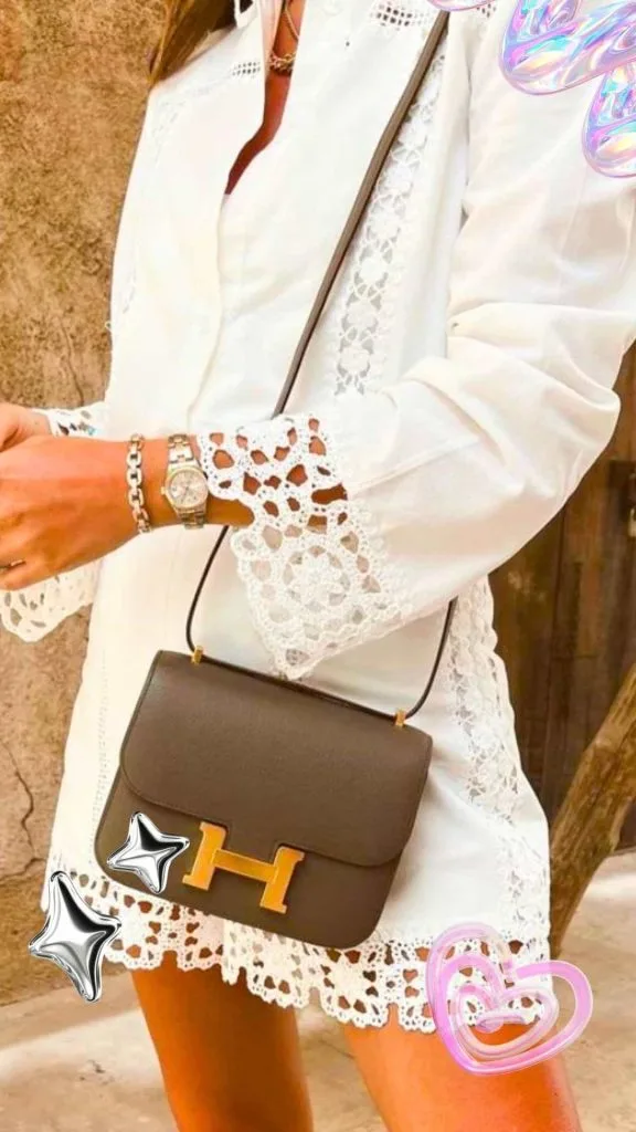 Hermes Constance bag outfit with white shirt dress
