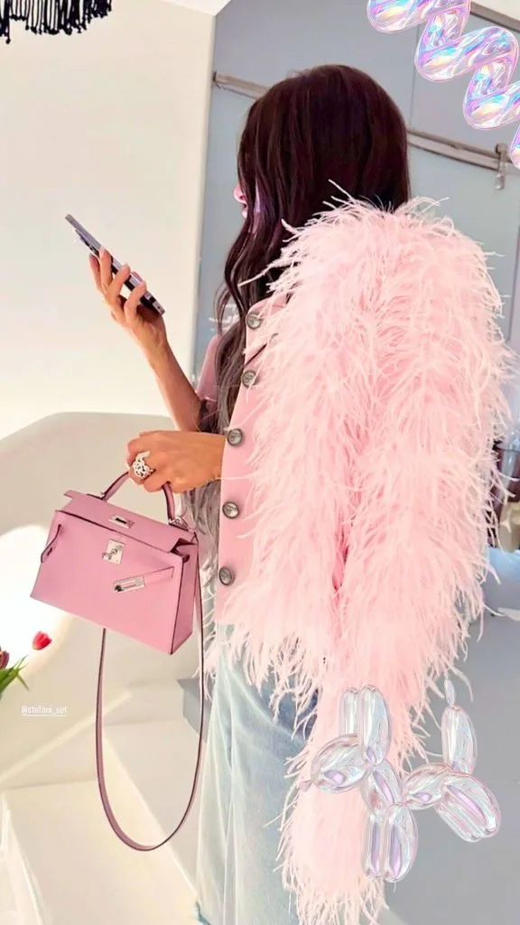 pink faux jacket outfit and pink hermes