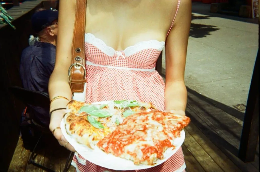 gingham top and pizza