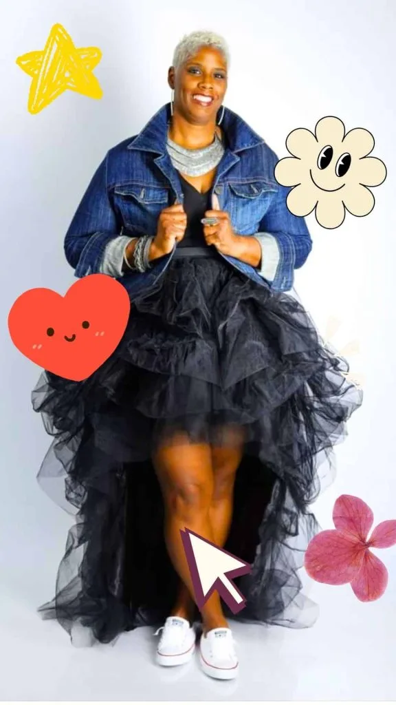DENIM JACKET and black tulle skirt sneaker
