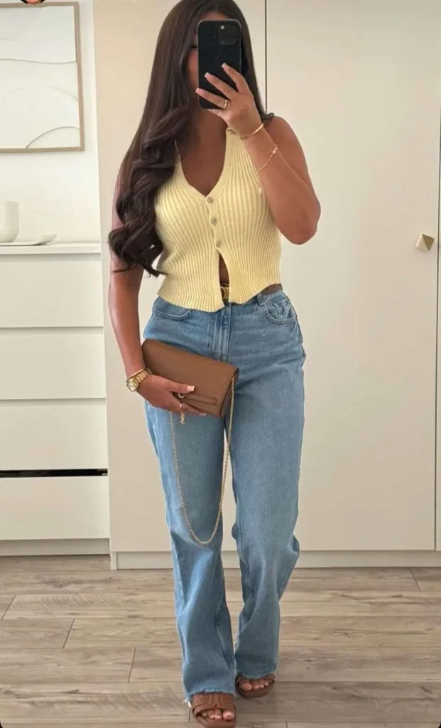 knit vest and jeans Trivia night outfit