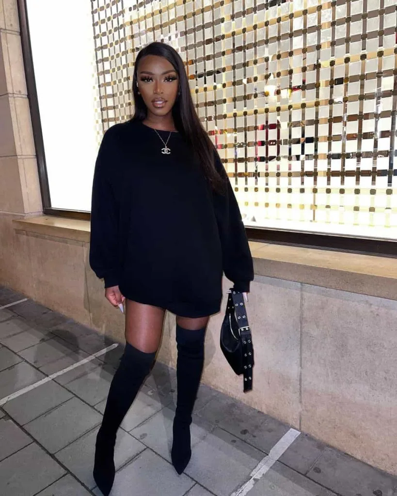 hoodie dress outfits and boots all black chic