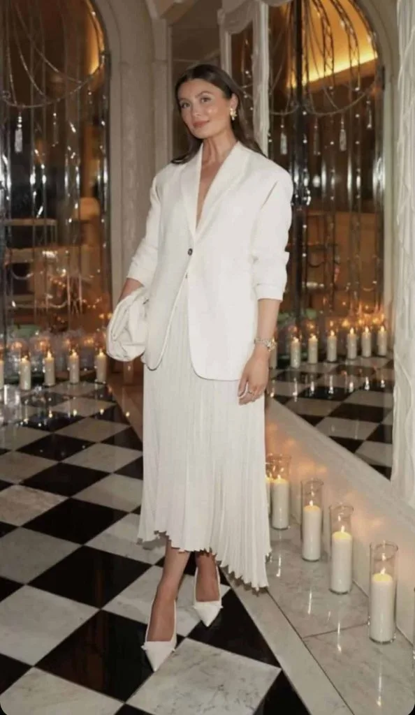 white blazer and long skirt outfit classy