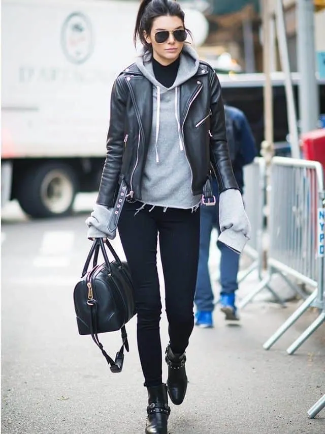 black hoodie and faux leather jacket