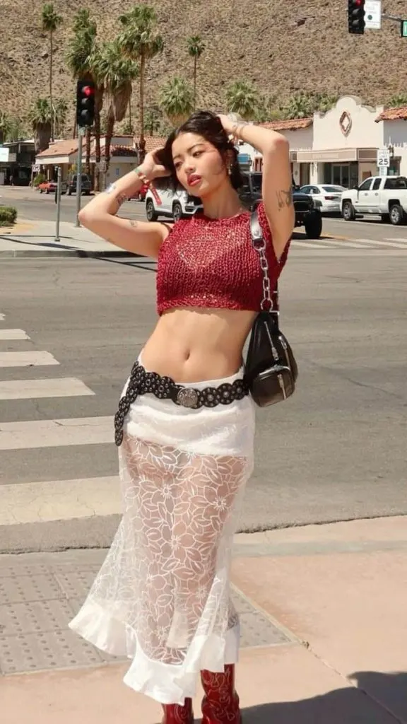 white lace long skirt aesthetic and belt