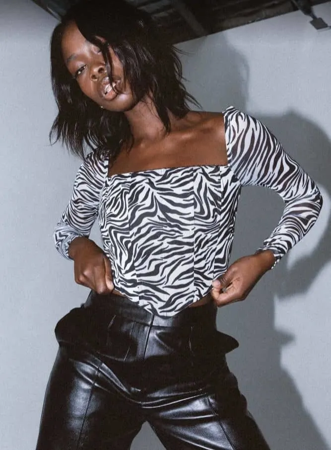 zebra print top and black leather pants
