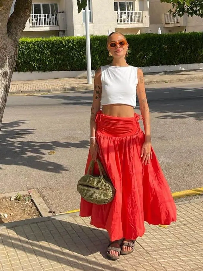 christmas in july outfits all white linen set outfit and red