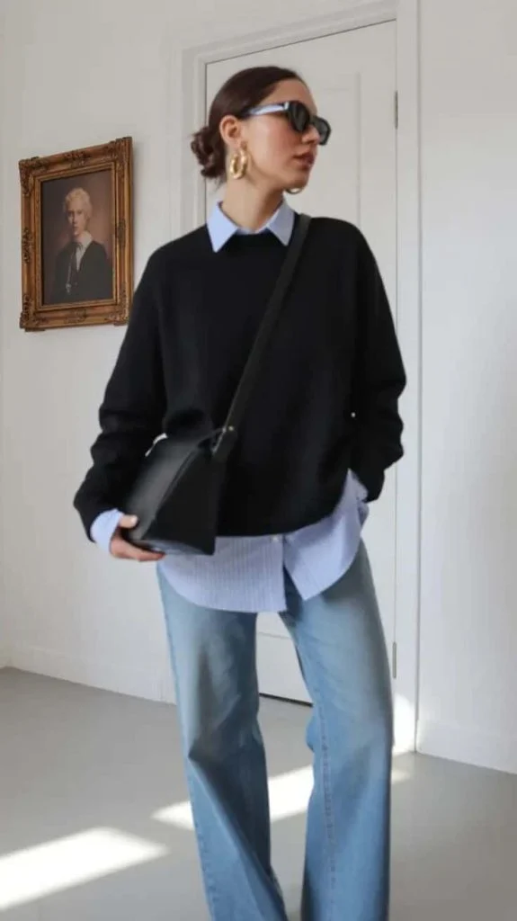 collared shirt and jeans layering outfit