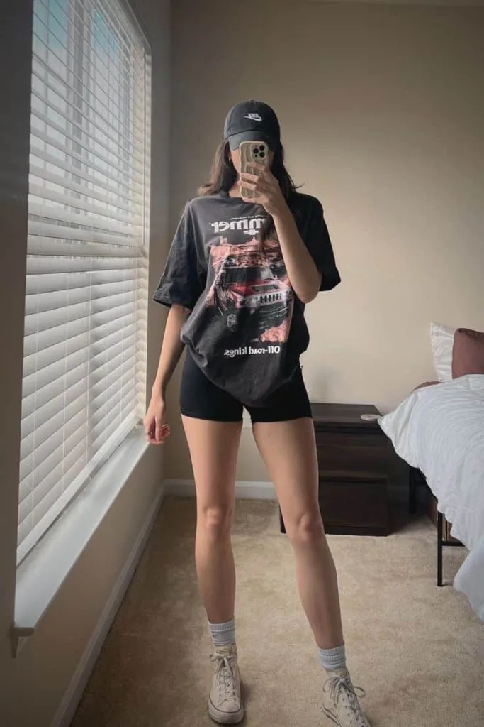 graphic tee and biker shorts outfits trampoline park outfits 