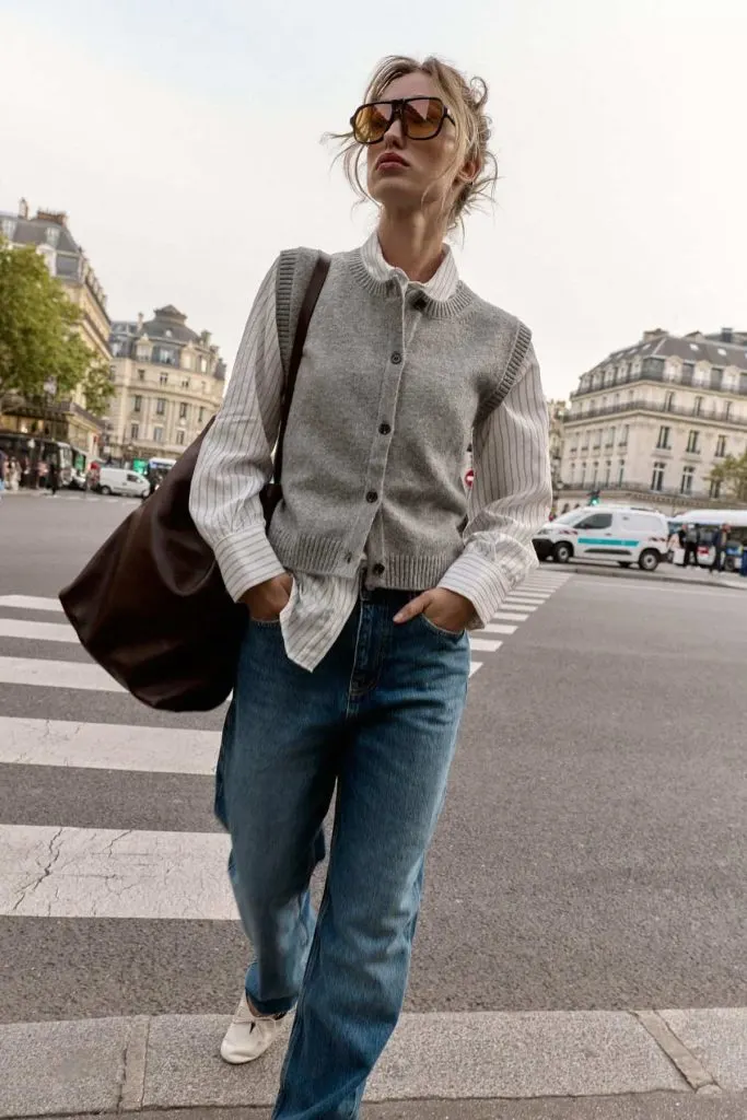 KNIT VEST and button down shirt layering outfit