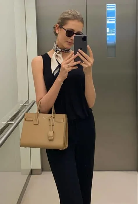 scarf and formal black dress outfit preppy