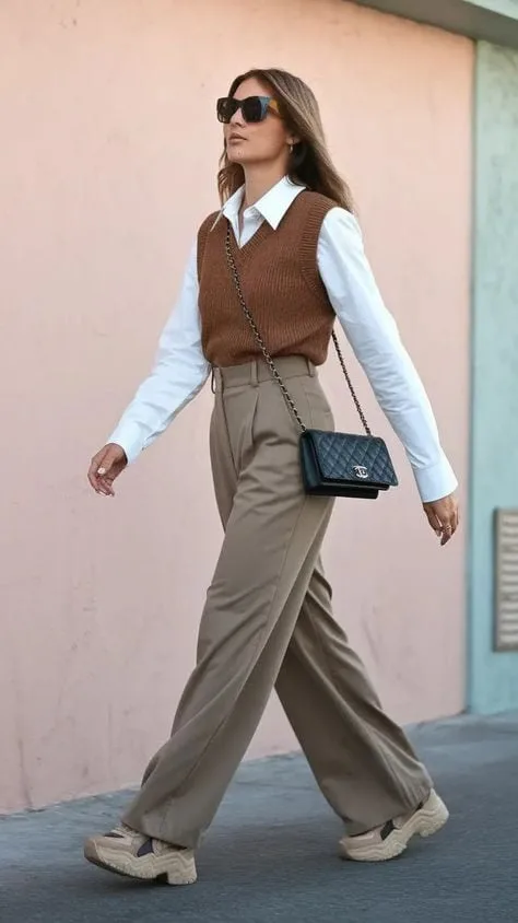 KNIT VEST and button down shirt layering outfit