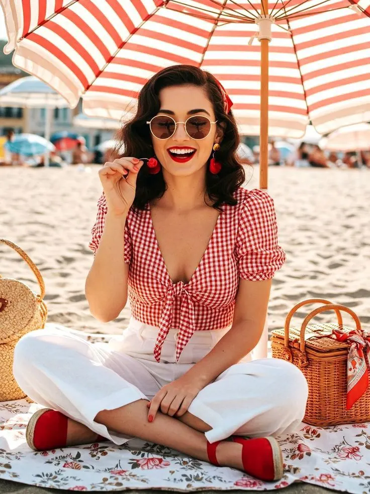retro beach outfits gingham aesthetic