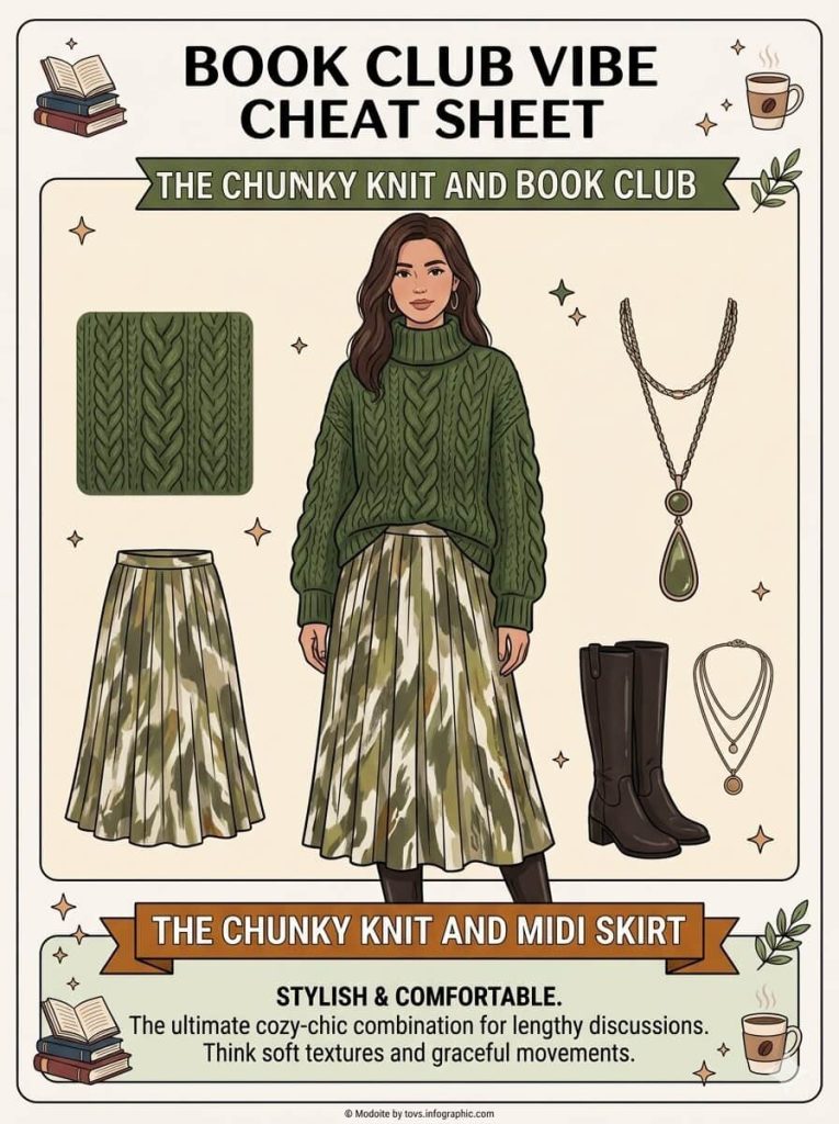 chunky sweater and midi skirt book club outfits