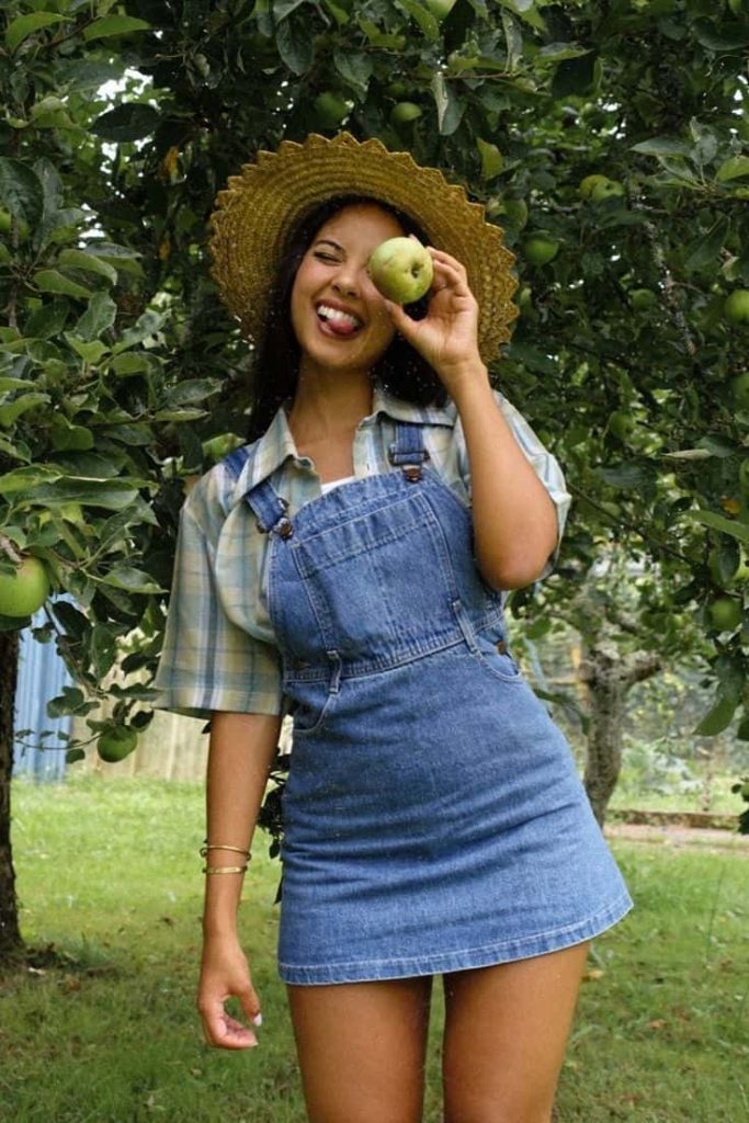 denim overall outfit idea garden date