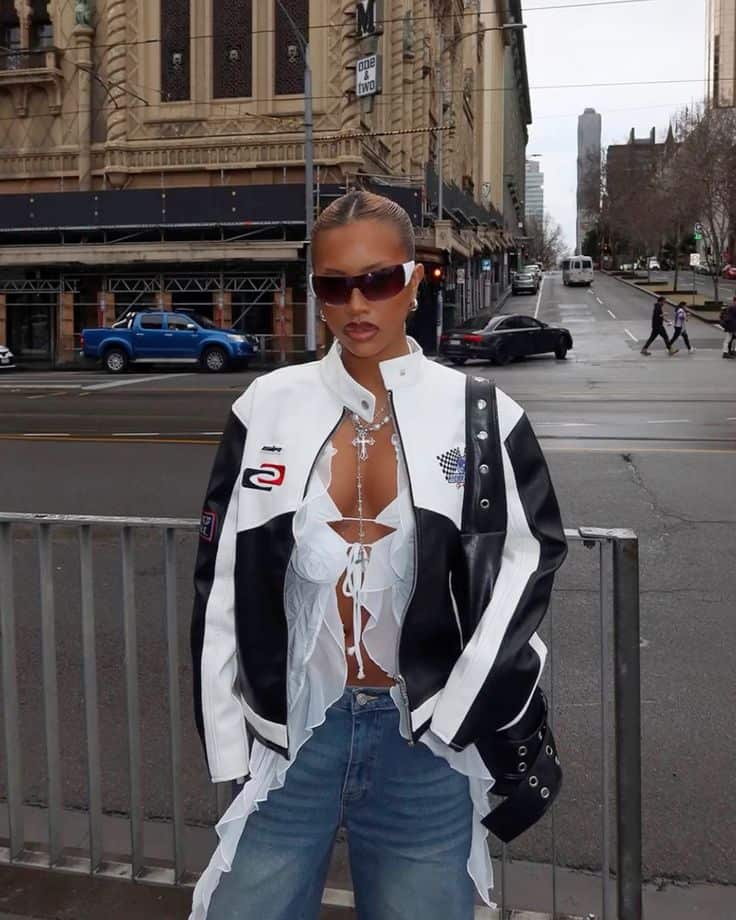 RACING jacket outfit ideas with jeans