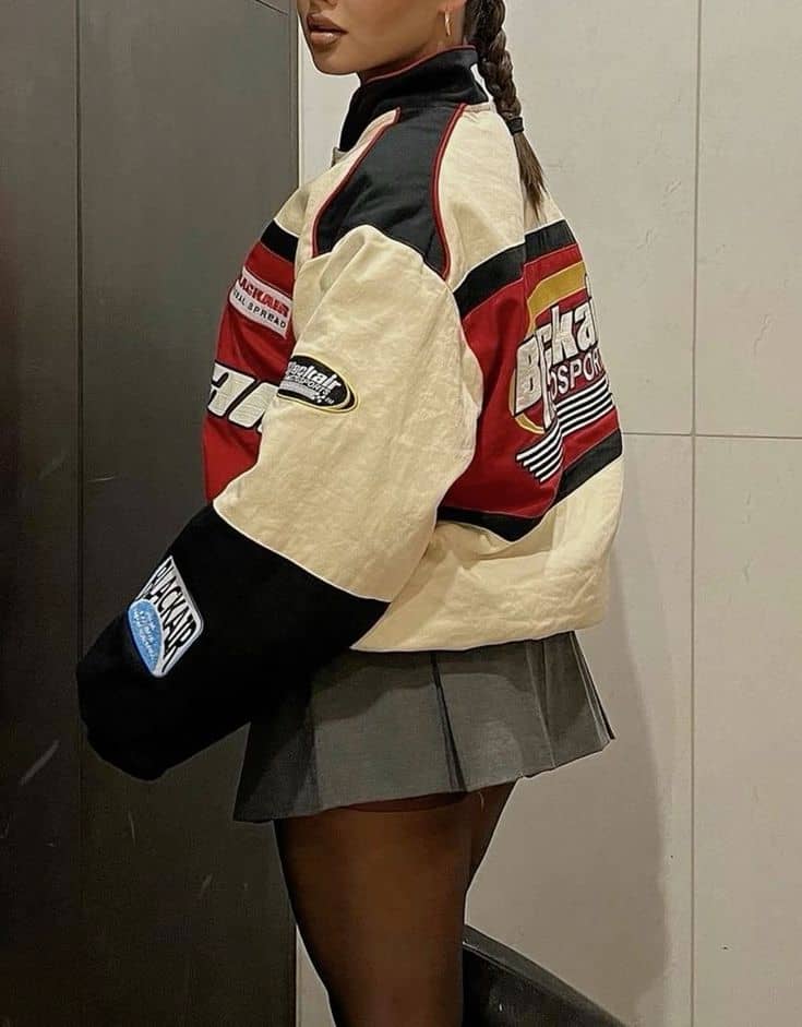 racing jacket outfit aesthetic with mini skirt