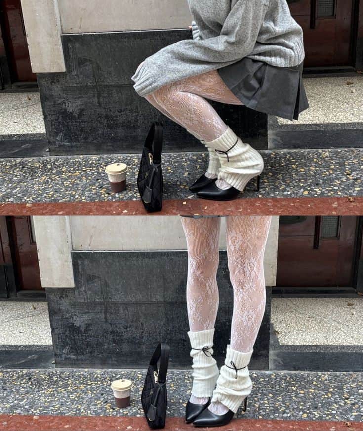 lace tights and leg warmer outfit idea
