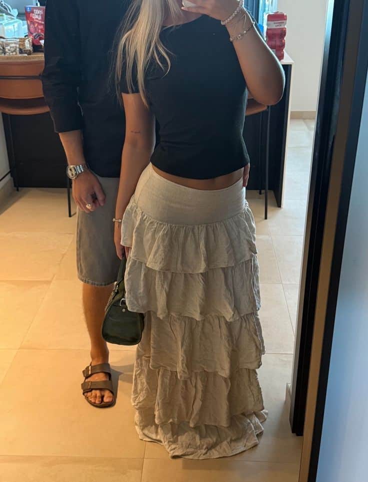 black tee and tiered skirt outfit