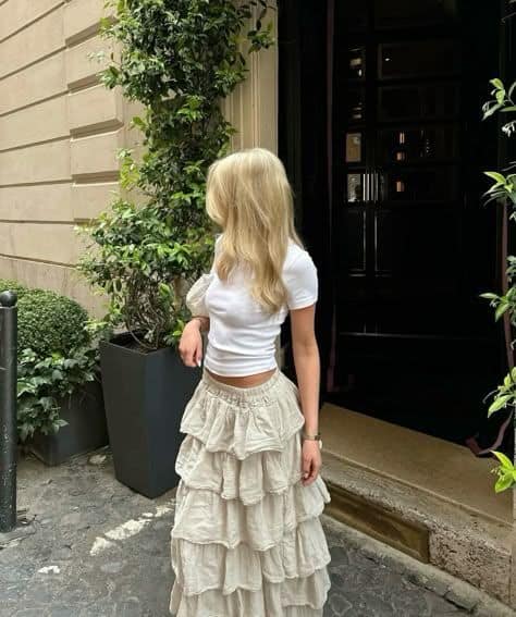 white tee and tiered skirt outfit