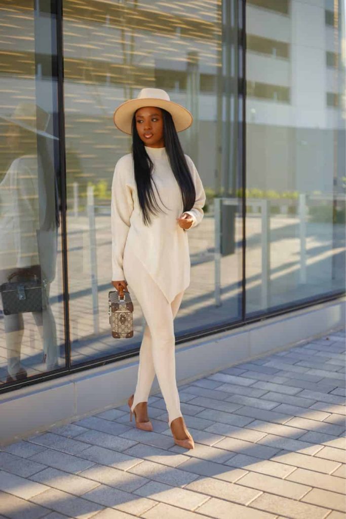 all white outfit stirrup pants 