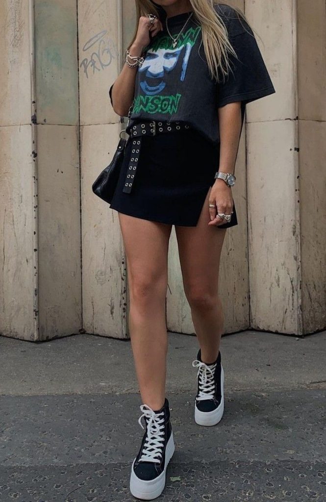 Band Tee and High-Waisted Mini Skirt + Chunky Sneakers