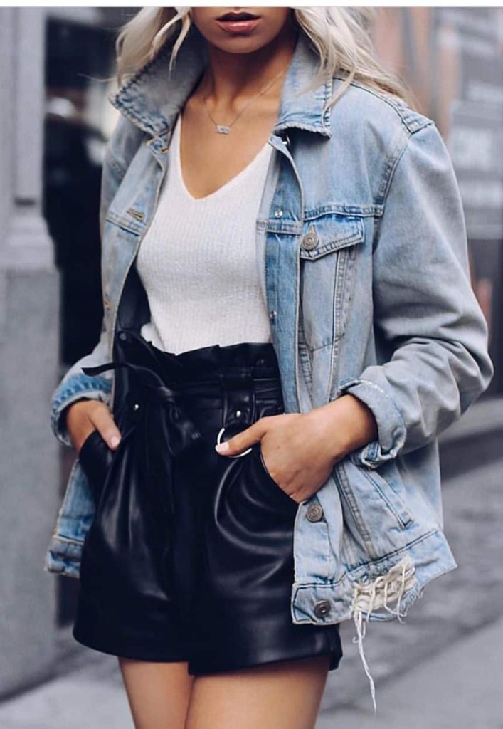 Black leather shorts outfit denim jacket
